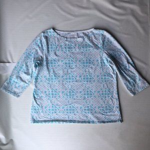 Talbots Blouse Womens XL Top Shirt 3/4 Sleeve Blue White Rope Knots Celtic Style